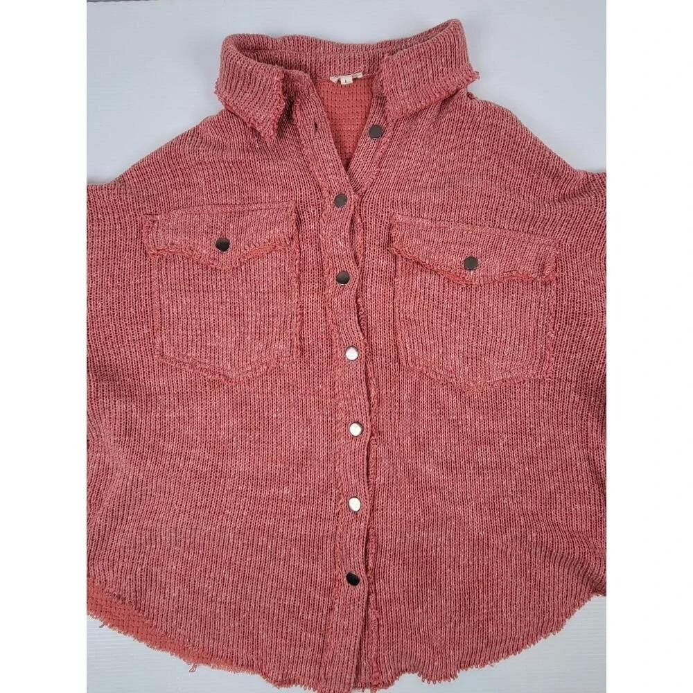 RARE POL Womens Large GKJ5 Fleece Knit Lightning Pink Button Sweater Jacket - Picture 2 of 13